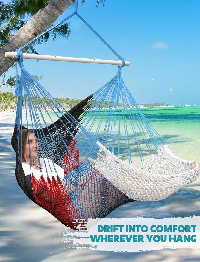 Chihee Handwoven Cotton Hammock Chair Large Hanging Rope Chair 7.9ft with Detachable Strong Metal Spreader Bar, Breathable Net Swing Seat Color Blocking, Portable with Carry Bag, Indoor Outdoor Use