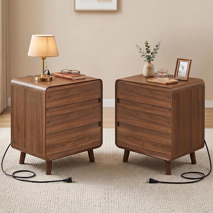 Nasonet 6 Drawer Dresser and 3 Drawers Nightstands Set with Charging Station, Wood Mid-Century Modern Dresser and Nightstand 3 Pieces for Bedroom, Living Room, Walnut