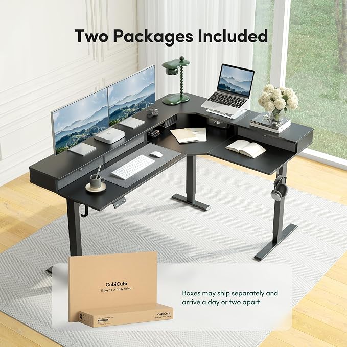 CubiCubi 63x48 Inches L Shaped Standing Desk with 3 Drawers and Monitor Shelf, Height Adjustable Corner Computer Desk with Hooks, Sit Stand Up Ergonomic Home Office Workstation Table, Black