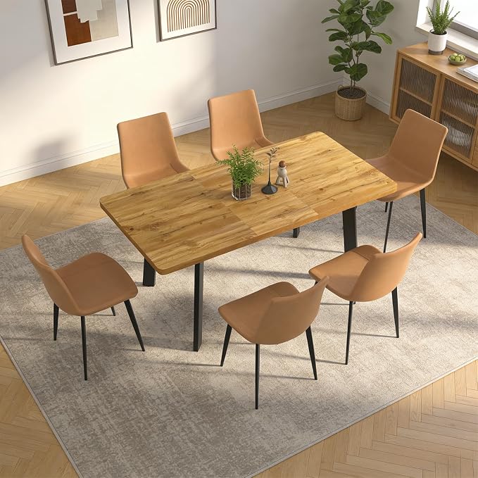 Extendable Dining Table Set for 4 to 8 People, 47.2" to 63" Modern Kitchen Table Set with 6 Leather Chairs, MDF Dining Room Table and Chairs with Removable Extension Leaf (Walnut Table+Brown Chairs)