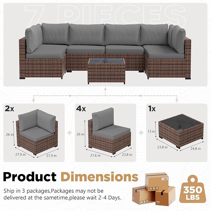 LHBcraft 7 Pieces Outdoor Wicker Rattan Patio Furniture, Wicker Rattan Outdoor Sectional Sofa Set with Coffee Table & Grey Cushions for Garden