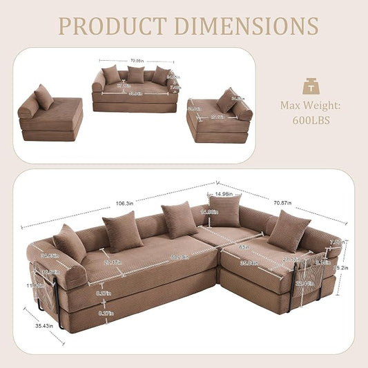 106" Oversized Convertible Sleeper Sofa Bed, Corduroy L Shape Sectional Couch, Folding Sofa Bed with Side Pocket, Modern Cloud Floor Mattress Couch, Modular Sofa for Living Room, Brown