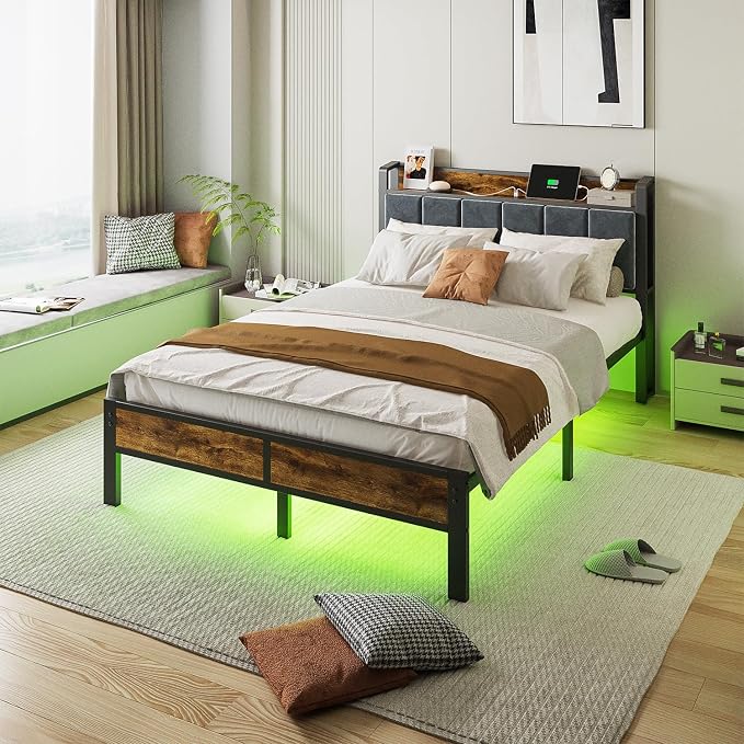 ALBERTO Full Size LED Bed Frame with Built-in Charging Station, Metal Platform with Slats, Soft Grey Upholstered Headboard, No Box Spring Required