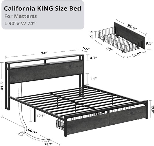 LIKIMIO California King Bed Frame with Storage Headboard, Platform Bed with Drawers and Charging Station, No Box Spring Needed, Easy Assembly, Charcoal Grey