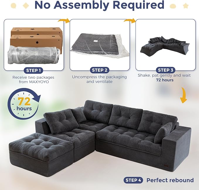 MAXYOYO 132" L Shaped Modular Sectional Sofa with Ottoman, Cloud Boneless Couch with Layered Cushion, Upholstered Sofa in a Box, Flexible Module Combination for Living Room, No Assembly, Dark Grey