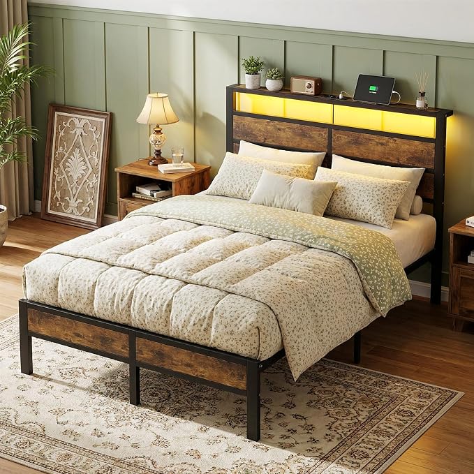 Full Size Metal Bed Frame with Storage Headboard, LED Lights and USB Charging Ports, Brown Platform Bed with Sturdy Slats, No Box Spring Needed, Easy Assembly, Noise Free