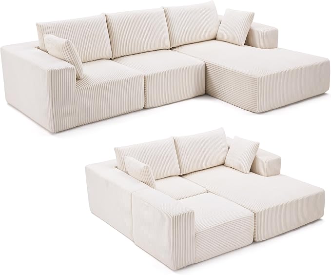 Weture 108” Modular Sectional Sofa, Cloud Sectional Couch with Deep Seat, Modern Modular L-Shape Sofa with Chaise,Upholstered Boneless Couches for Living Room (Corduroy, Beige)