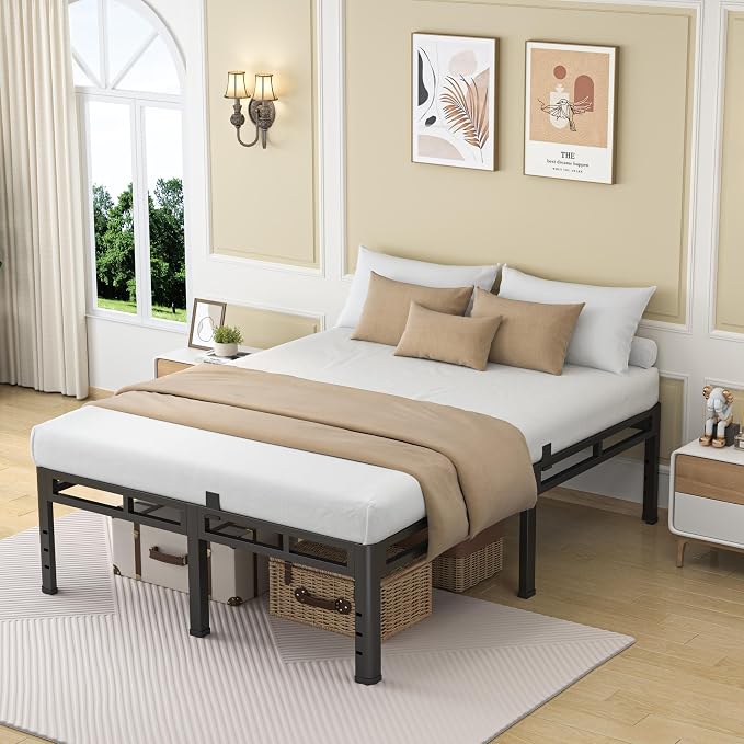 NKZ 22 Inch Queen Size Bed Frame, Metal Bed Frame & Box Spring 2 in 1 Platform with Round Corner Legs, 4000Lbs Heavy Duty Metal Frame, Mattress Slide Stopper, Headboard Hole, Noise-Free, Easy Assembly