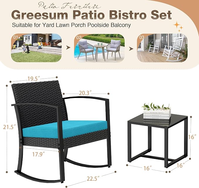 Greesum 3 Piece Patio Furniture Set, All-Weather Imitation Rattan Conversation Set, Outdoor Rocking Chair Bistro Set with Glass Top Coffee Table for Pool, Deck, Porch, Garden or Balcony, Blue
