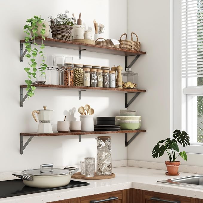 Axeman 40'' x 8'' Floating Shelves Set of 2, Rustic Walnut Wall Shelves with Brackets, Engineered Wood, Includes Mounting Hardware, 45Lbs, Ideal for Books, Plants, Kitchen Utensils and Decorations