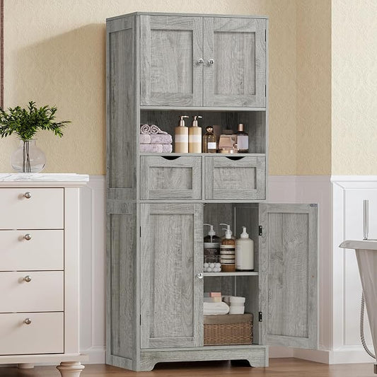 Iwell Tall Storage Cabinet with Adjustable Shelf, Bathroom Cabinet with 2 Drawers, Linen Cabinet for Living Room, Grey