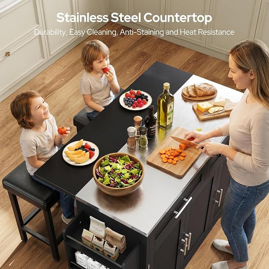 Concho 56'' Kitchen Island with Seating and Stainless Steel Countertop, Rolling Kitchen Carts on Wheels with Folding Drop Leaf, Bar Stool, Power Outlet, Spice/Towel Rack, Black