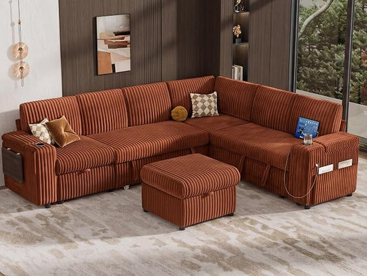 Vipbear 111" Modular Sectional Sleeper Sofa with Pull Out Bed, 7 Seat Corduroy L Shaped Couch with Ottoman|USB Ports|Cup Holders|Side Table|Storage Armrest, Tool Free Assembly, Orange