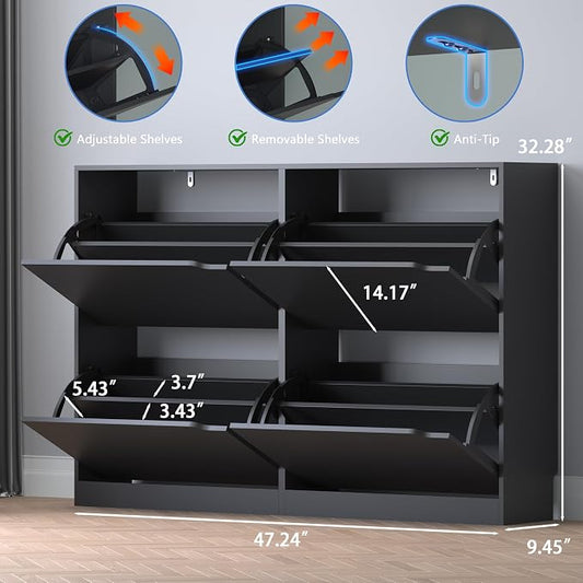 BORNOON Shoe Cabinet with 4 Flip Drawers, Narrow Hidden Shoe Storage Cabinet, Slim Freestanding Shoe Rack Organizer for Entryway, Hallway, Bedroom, Living Room