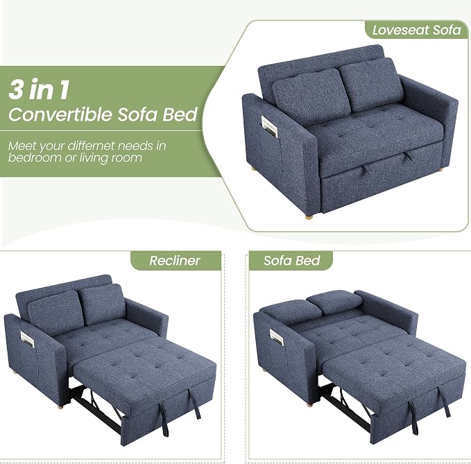 SEJOV Convertible Sofa Bed, 3-in-1 Sleeper Sofa Pull Out Couch Bed, 2-Seater Linen Fabric Loveseat Futon with Spring Support, Adjustable Backrest for Small Spaces, Living Room, Navy Blue