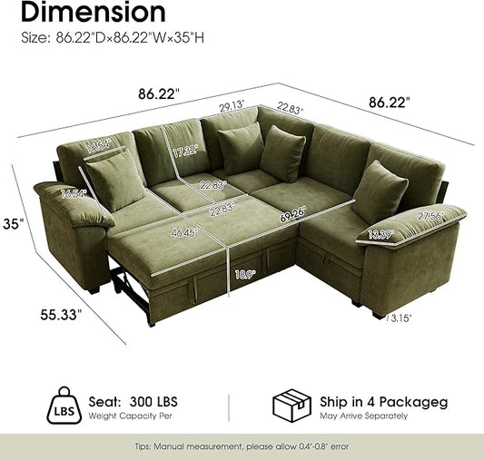 Sectional Sleeper Sofa with Pull Out Bed, 86" L Shaped 5 Seat Couch with 151L Storage, Convertible Cloud Couch Bed, Modular Sectional Couches for Living Room, Apartment (Green)