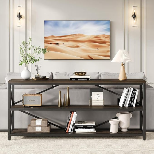 ONBRILL Industrial Console Sofa Table,70.8 Inch Extra Long Entryway Table with 3 Tier Wood Storage Shelf for Living Room, Hallway, Entrance, Narrow Sofa Table with Metal Frame, Black and Brown