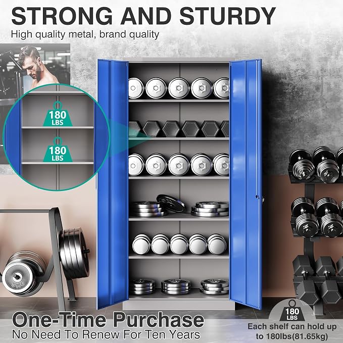 Metal Cabinet with 5 Adjustable Shelves,6 Tier Garage Storage Cabinet with Lock,Gray Blue Metal Storage Cabinet with Locking Doors,Steel Cabinets,71" Lockable Storage Cabinets for Home,Office,Garage