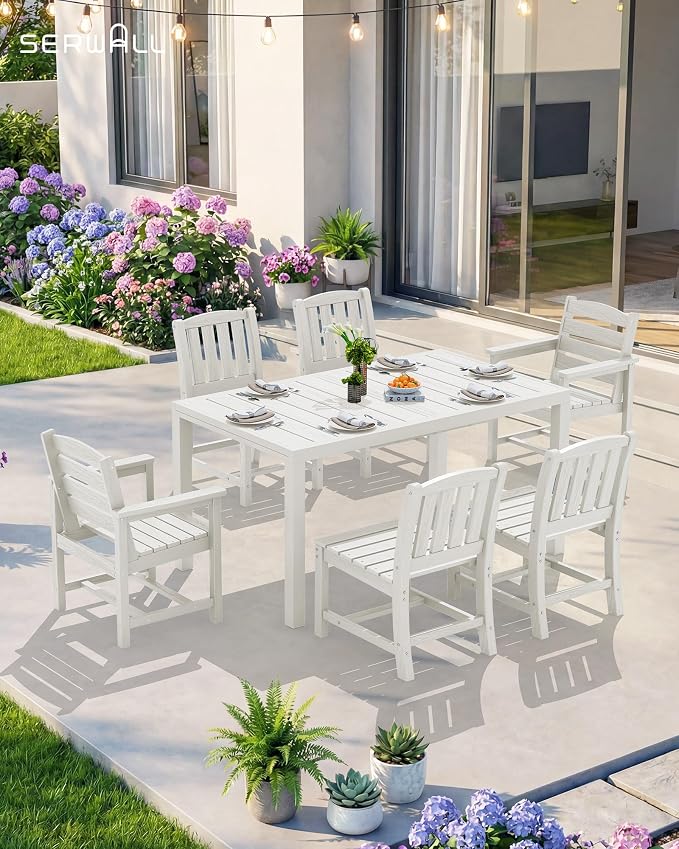 SERWALL Outdoor Expandable Dining Table 60" - 83", White | Patio Dining Table for 4-8 People, All Weather HDPE and Aluminum Outdoor Furniture