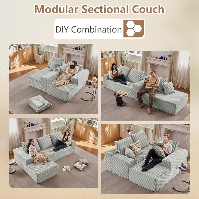 96" Modular Sectional Sofa, Modern Corduroy Cloud Couch with Deep Seat, Boneless Couch Upholstered 3-Seater L-Shaped Sofa for Living Room, No Assembly Required (Light Gray, Left-Facing Chaise)
