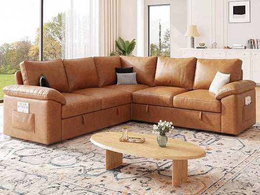 85 Inch Faux Leather Modular Sectional Sofa with Pull Out Bed, L Shaped 5 Seat Sectional Sleeper Sofa with Storage, Sectional Couches for Living Room, Cloud Modular Couch,Brown Leather