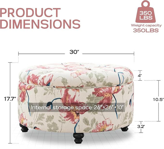 HUIMO 30-Inch Round Storage Ottoman, Modern Button Tufted Ottoman Coffee Table with Removable Top for Living Room, Bedroom and Office(Red Flower)