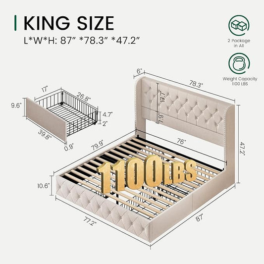 LARMACE King Size Bed Frame with 4 Storage Drawers and 47.2" Tall Tufted Headboard Linen Upholstered Platform Bed Frame Wingback Beds with Wooden Slats Support, Easy Assembly, Beige