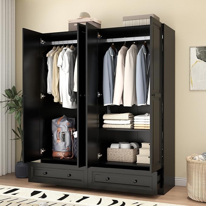 Armoire Wardrobe Closet with Drawers: 74" Bedroom Closet for Hanging Clothes, Black Wardrobes Closets with Doors, Modern Armoire Cabinet with Shelves (Black, 63")