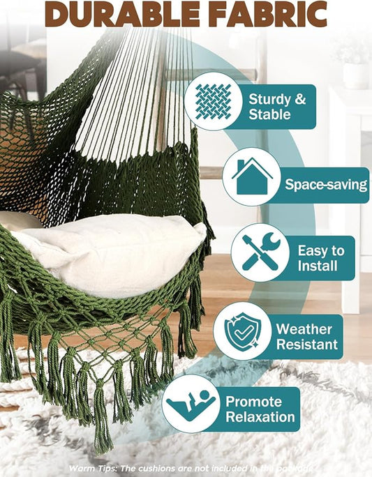 Chihee Hammock Chair Handmade Hanging Chair Cotton Rope Woven Hanging Seat Soft-Spun Large Stretch Hammock Swing, Collapsible Strong Metal Spreader Bar Elegant Macrame Comfort Indoor Outdoor Garden