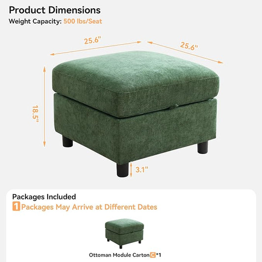 WUTUTUEE 25”Square Storage Ottoman Module for Modular Sectional Sofa, Living Room Coffee Table Sectional Ottoman Footrest for Convertible Couch, Chenille Dark Green