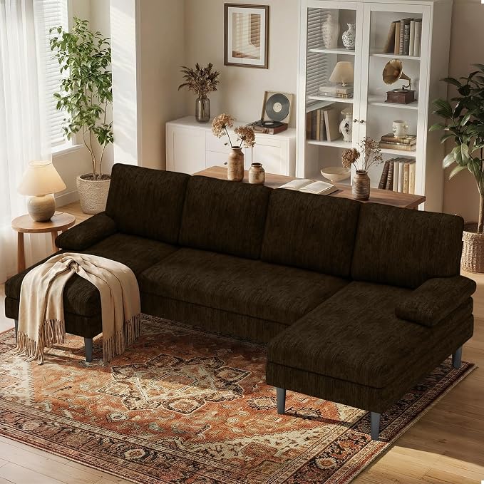 Korser U-Shaped Sectional Couches for Living Room, 101 Inch Modern Modular Sofa with Double Chaise Lounge, Comfy Chenille Fabric 4-Seat Couch Set for Apartment, Brown