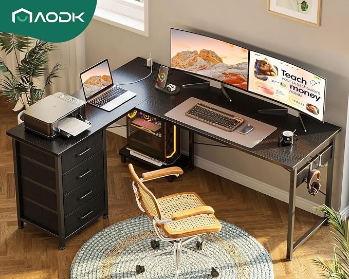AODK L Shaped Gaming Desk with 4 Drawers, 53" Reversible Home Office Desks with Power Outlets, L Shaped Computer Desk with USB Charging Port and Host Stand, Corner Desk, Easy to Assemble, Black