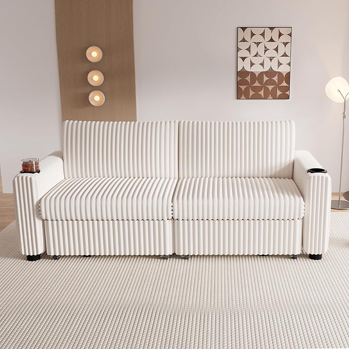Sunny Heart 91" Plush Corduroy L Shaped Sectional Sleeper Sofa Bed with Pull Out Bed, Reclining Backrest, Reversible Storage Chaise, USB Ports, Cup Holders, Tool Free Assembly, Beige