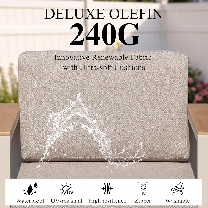 4-Piece 4-Seater Aluminum Patio Furniture Set, Outdoor Patio Table and Chairs Set with 2 Single Chairs+Loveseat+Coffee Table, 1.5mm Thick Rustproof Frame, Waterproof Washable Cushions for Porch Deck