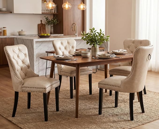 CIMOTA Beige Leather Dining Chairs Set of 4 Mid Century Modern Dining Room Chairs Tufted Upholstered Kitchen Dining Chairs Comfortable Side Chairs with Nailhead Trim/Ring Back (PU /4PCS)