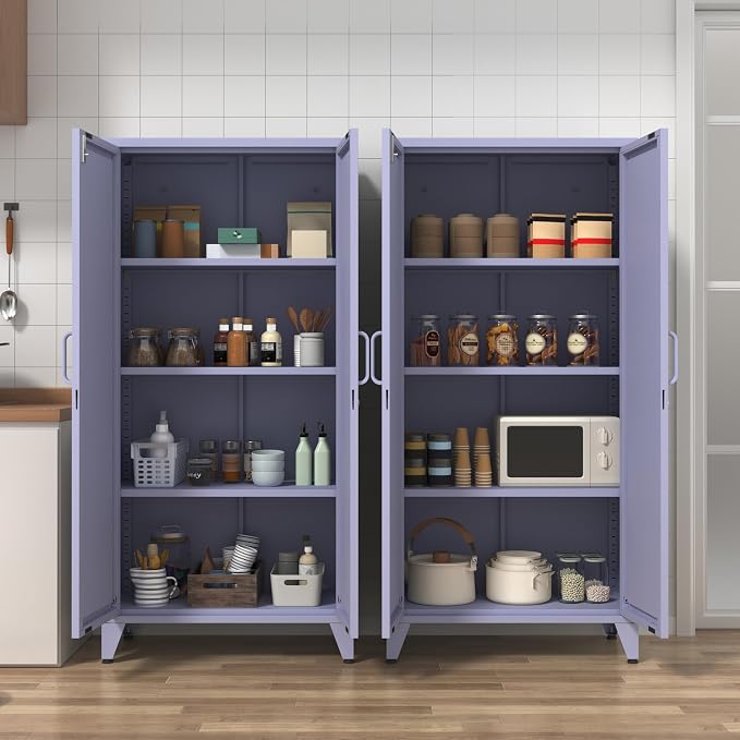 61" Tall Farmhouse Metal Pantry Cabinet with 3 Adjustable Shelves, 4-Tier Storage Organizer, 2-Door Freestanding Storage Cabinets, Easy Assembly, for Kitchen, Entryway, Home Office, Kids Room, Purple