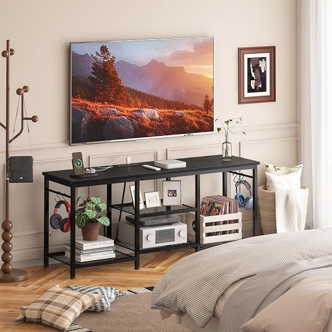 YGEOMER TV Stand for Tvs Up to 50 Inch, Entertainment Center with Power Outlet and Open Storage Shelves, TV Console Table for Living Room Bedroom, Black