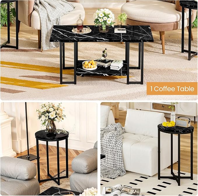 Lamerge 3 Pieces Living Room Table Set, Faux Marble Coffee Table with 2 Round End Side Tables, Coffee Table Set with Metal Frame for Apartment Home Office, Black