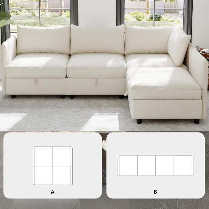 98.5-Inch L-Shaped 4 Seat Modular Sofa Deep Seat Storage Sectional Sofa Couch Free Combination with Storage Space, 4 Seat Chenille Upholstered L-Shaped Convertible Corner Couch for Home Apartment