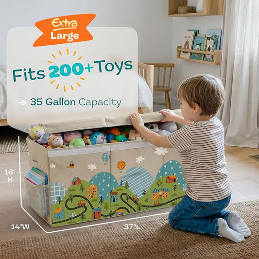 SoftOwl Extra Large Toy Storage Organizer with Lid - Sturdy, Collapsible Toy Chest Storage Box with Cute Design - Toys Bin with Dividers for Kids, Boys, Girls, Nursery, Bedroom, Play room 37"x16"x14"