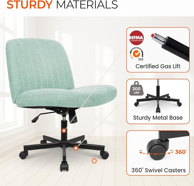 Orange Factory Criss Cross Chair Wheels Wide Cross Legged Office Desk Vanity Chair Comfy Fabric Armless Adjustable Swivel for Home Computer Task (Mint Wheel, Fabric)