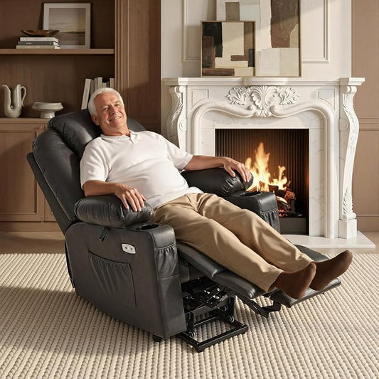 MCombo Large Power Lift Recliner Chair for Elderly, Lift Chair with Heat and Massage for Tall People, Extended Footrest, USB & Type C Ports, Cup Holders, Faux Leather 7516 (Large, Grey)