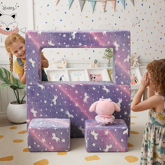 MeMoreCool Unicorn Modular Kids Couch, Glow Rainbow Play Toddler Couch for Bedroom, Convertible Foam Kids Sofa Bed, Fold Out Baby Sofa for Girl Boy, Purple