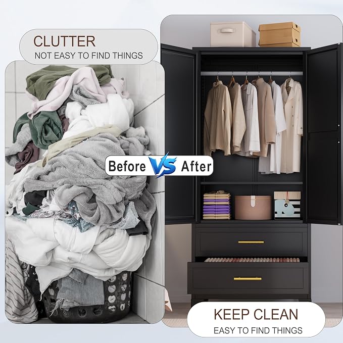 erosoei Metal Armoire Wardrobe Closet, 71 "Metal Clothing Storage Cabinet | with Mirror and Adjustable Shelves, Household Steel Wardrobe Storage Cabinet with 2 Drawers and Hanging Rod(Armoire-Black)