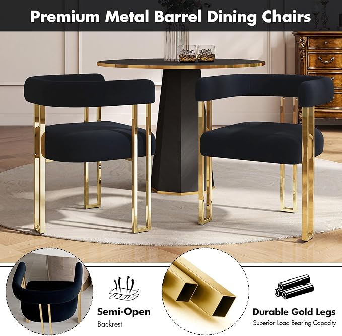 Hyfirm Black and Gold Modern Dining Chairs Set of 2, Velvet Upholstered Barrel Armchairs with Metal Legs for Kitchen Island, Mid Century Accent Chairs for Dining Room Living Room, Open-Back
