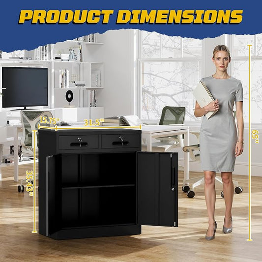 Metal Storage Cabinet with Drawer and Adjustable Shelve, 35" Steel Garage Storage Cabinets with lock, Locking Tool Cabinet Utility Cabinets for Garage,Bathroom,Kitchen,Home Office,School,Shop