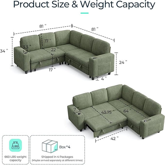 LINSY HOME Sectional Sleeper Sofa with Pull Out Couch Bed for Living Room (Green) | Plush Corduroy