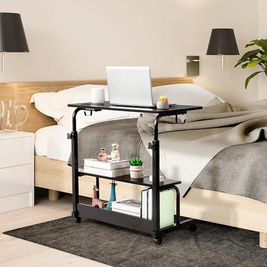 Karl home 31.5" Portable Rolling Desk on Wheels,Height Adjustable Standing Desk with 2 AC Outlets/3 USB Ports,Mobile Laptop Table with Hooks and Storage Shelves for Home Office,Black