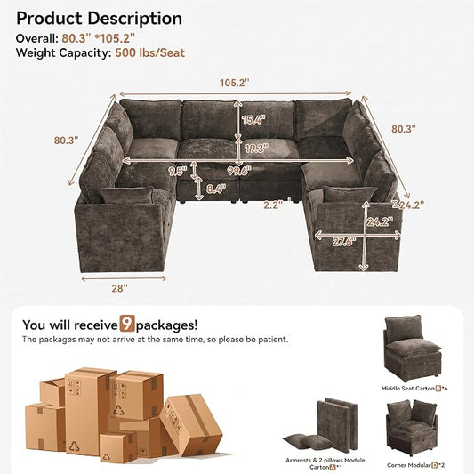 105" Brown Oversized Modular Storage Sofa, U Shaped Chenille Cloud Couch | Oversized Convertible Sectional Sofa, 8-Seat Sectional Couch With Armrests, Large Cloud Couch For Living Room, Apartment.