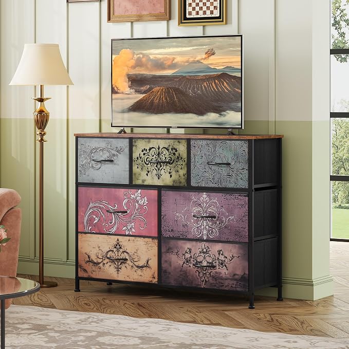 WLIVE 7 Drawer Dresser TV Stand, Entertainment Center, Media Console Table with Metal Frame and Wood Top for TV up to 45 inch, Chest of Drawers for Bedroom, Living Room, Pattern